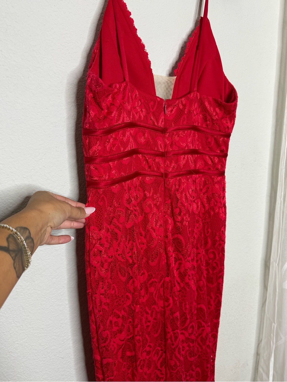Betsy & Adam Red Lace Plunge Halter Prom Gown - Picture 5 of 7